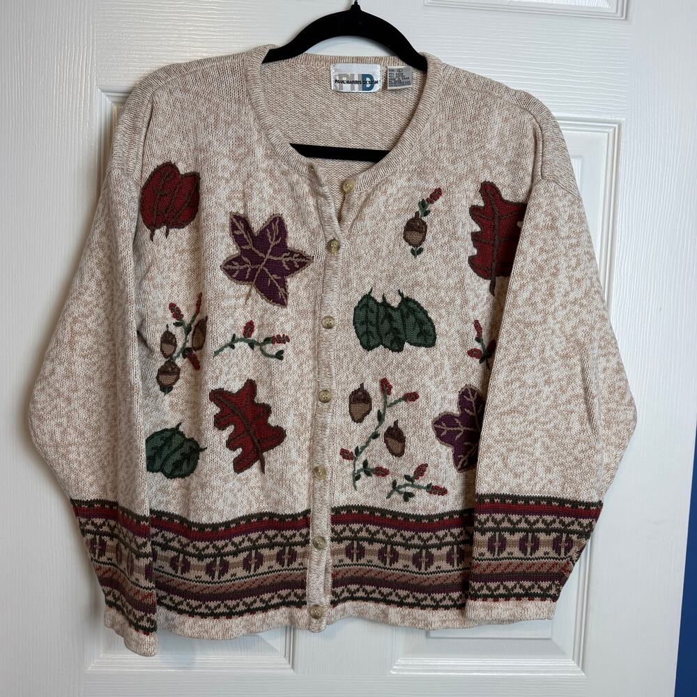 Vintage Paul Harris Design Cardigan L Embroidered Fall Leaves Acorns